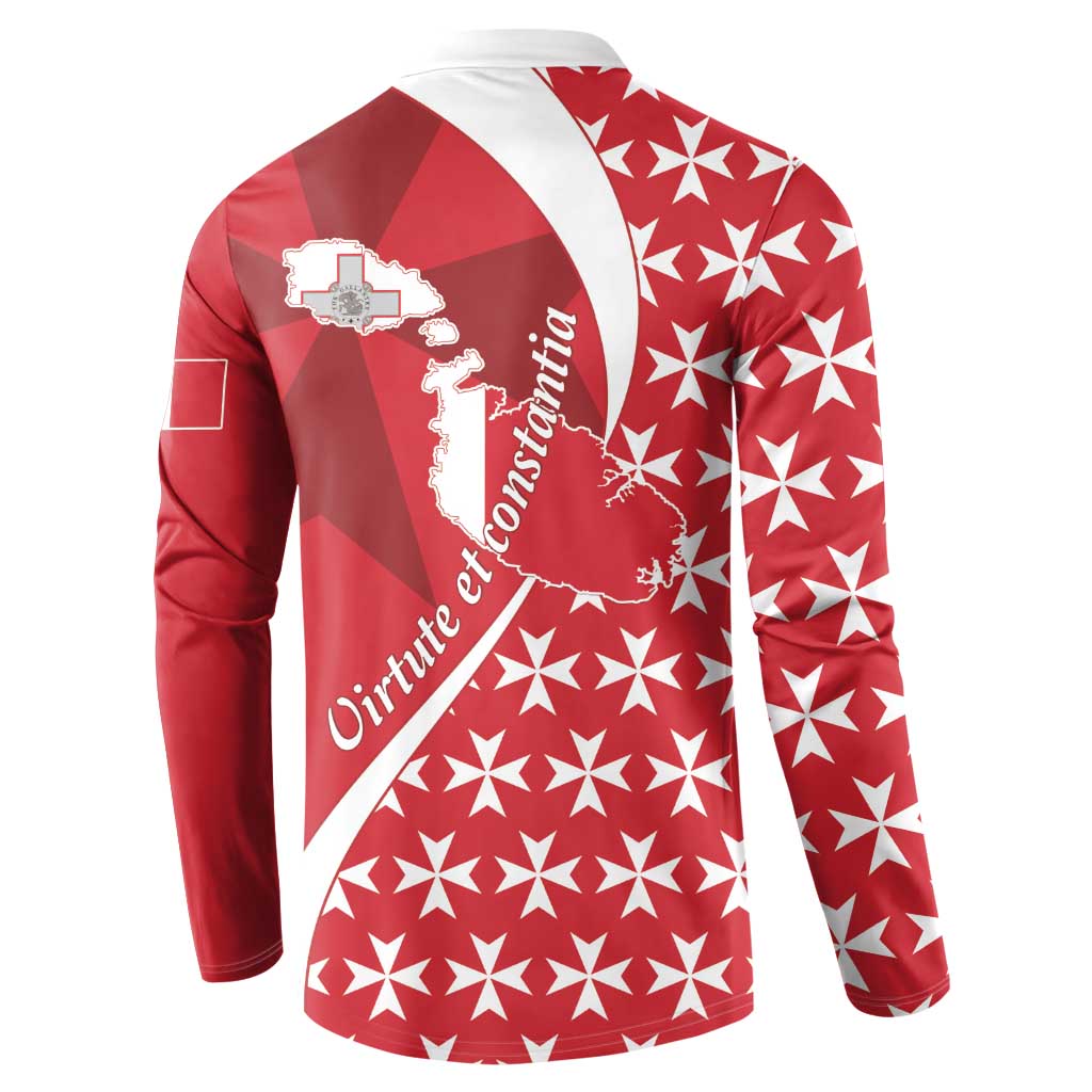 Red and white button sweatshirt showing back Malta cross emblem and star pattern