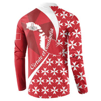 Red and white button sweatshirt showing back Malta cross emblem and star pattern