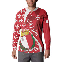 Red button sweatshirt with long sleeves, front placket, and Maltese Cross-style design