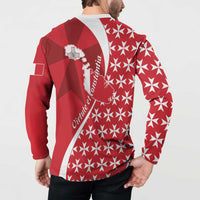 Red and white button sweatshirt back with star pattern and Maltese Cross emblem