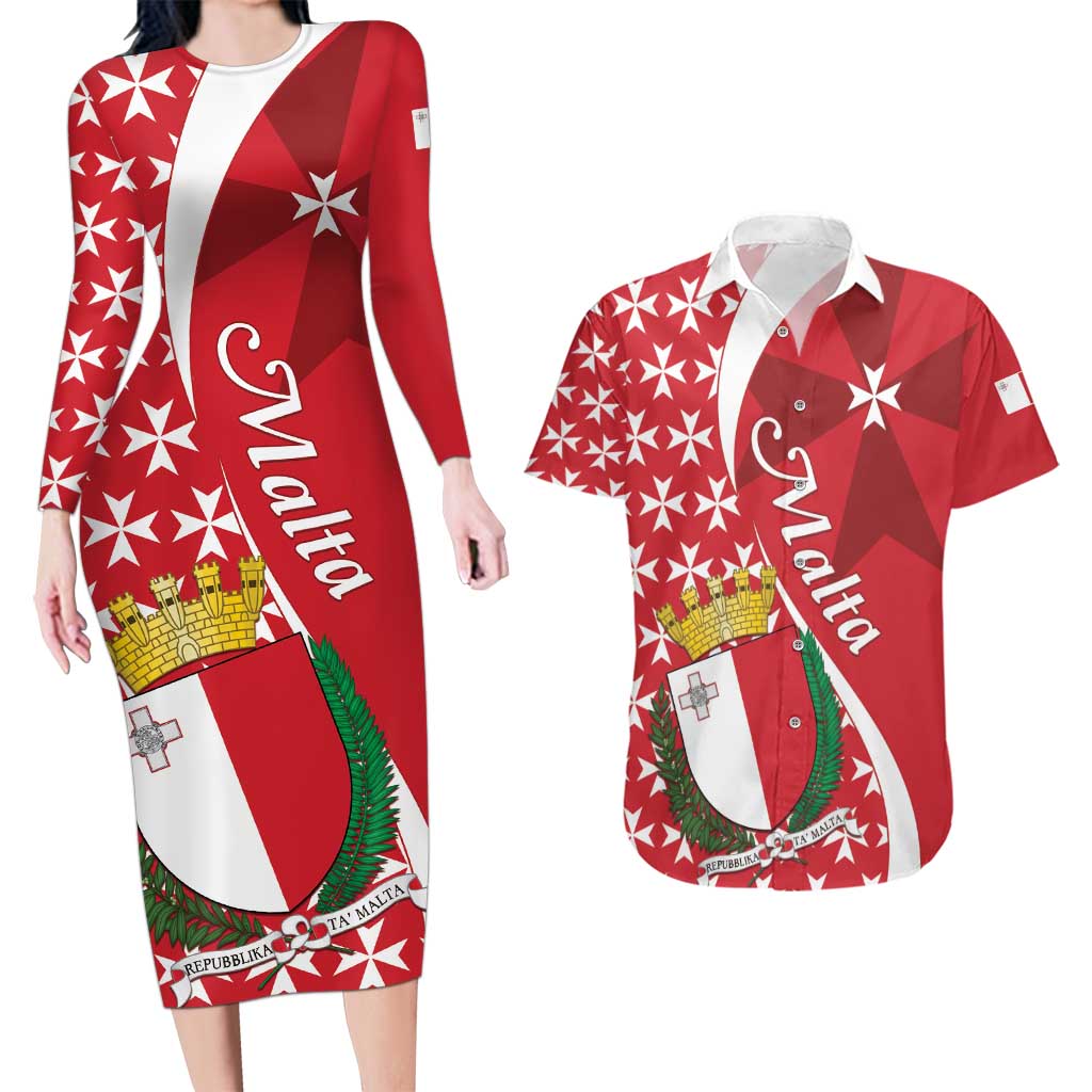 Malta Couples Matching Long Sleeve Bodycon Dress and Hawaiian Shirt Virtute et constantia Maltese Cross Pattern - Wonder Print Shop