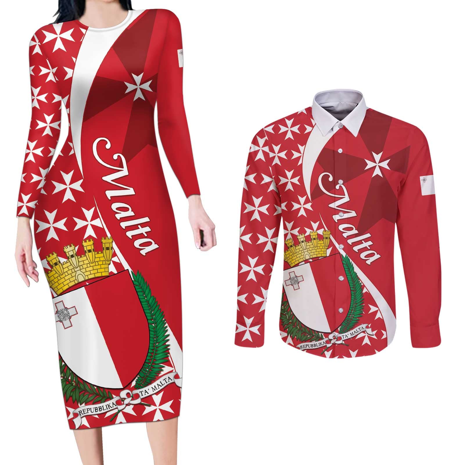 Malta Couples Matching Long Sleeve Bodycon Dress and Long Sleeve Button Shirt Virtute et constantia Maltese Cross Pattern - Wonder Print Shop