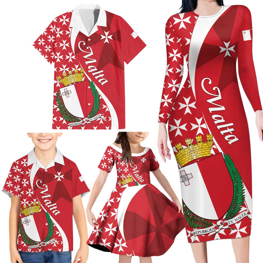 Malta Family Matching Long Sleeve Bodycon Dress and Hawaiian Shirt Virtute et constantia Maltese Cross Pattern - Wonder Print Shop