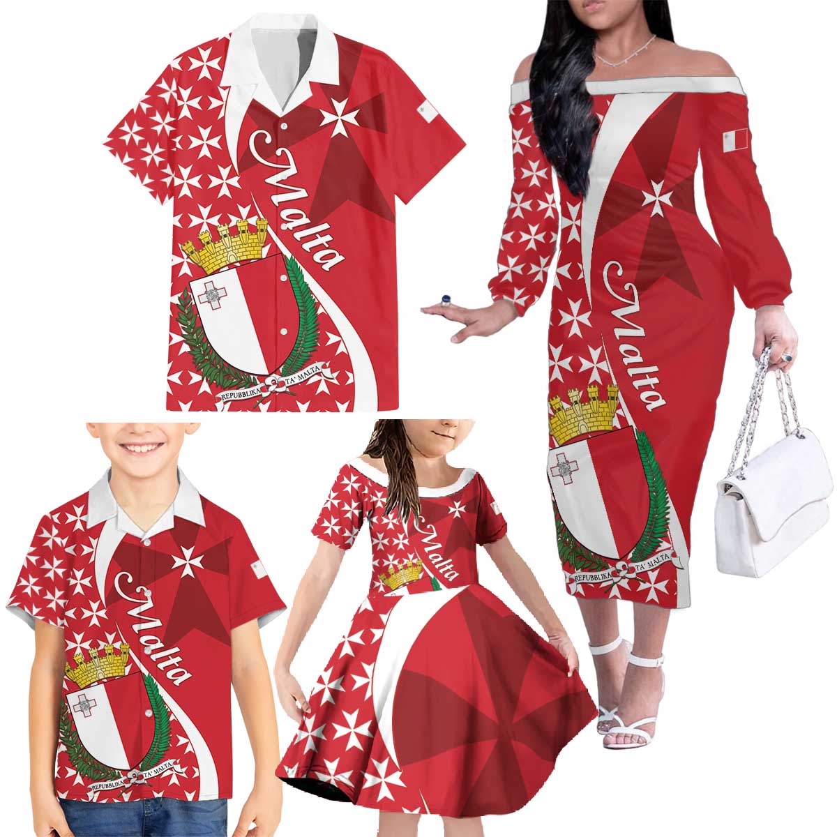 Malta Family Matching Off The Shoulder Long Sleeve Dress and Hawaiian Shirt Virtute et constantia Maltese Cross Pattern - Wonder Print Shop