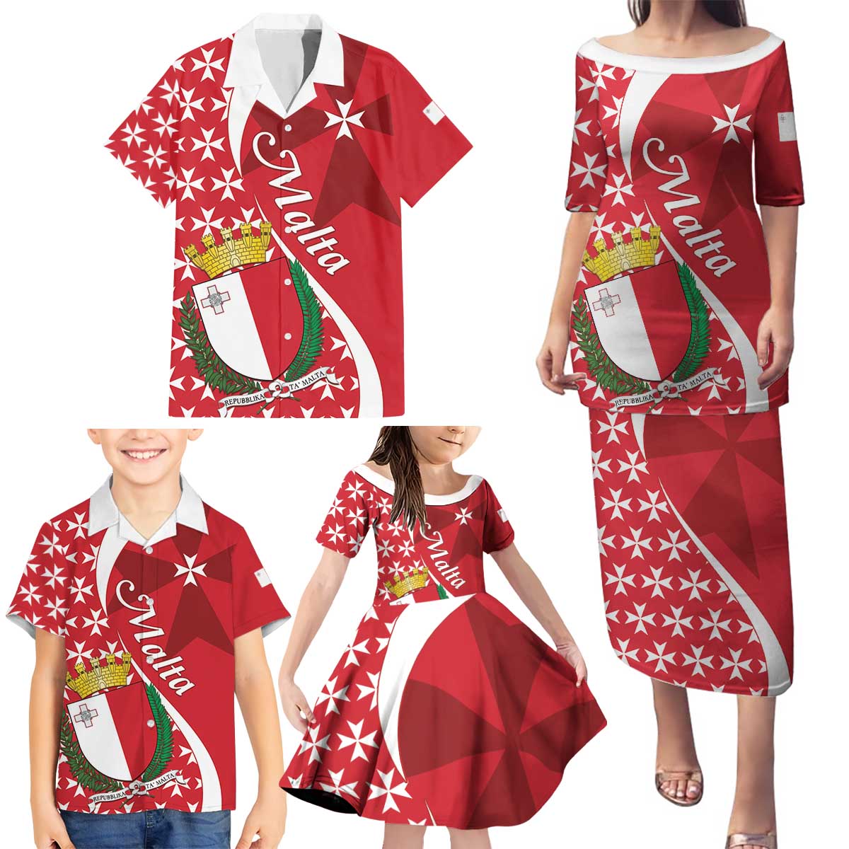 Malta Family Matching Puletasi and Hawaiian Shirt Virtute et constantia Maltese Cross Pattern - Wonder Print Shop