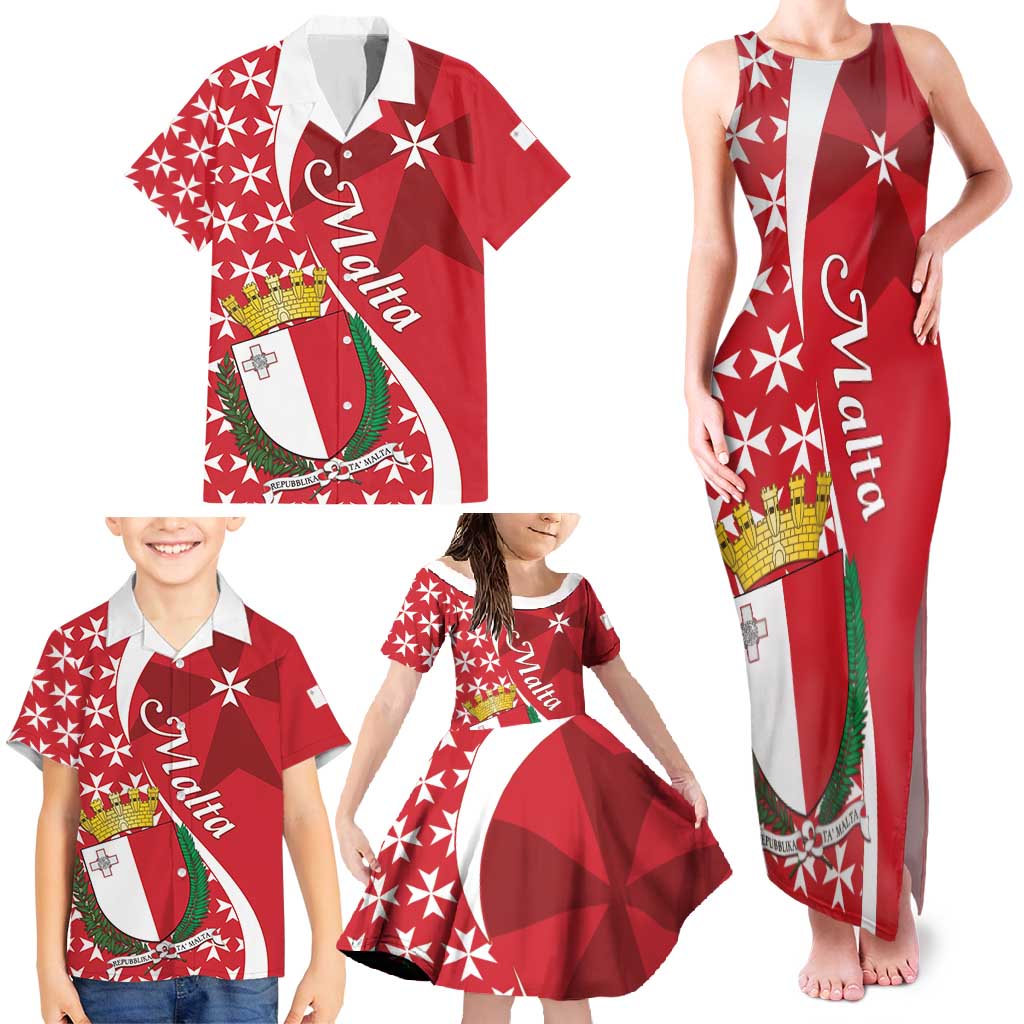 Malta Family Matching Tank Maxi Dress and Hawaiian Shirt Virtute et constantia Maltese Cross Pattern - Wonder Print Shop