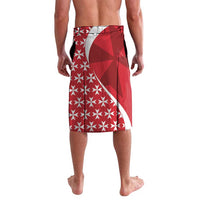 Red knee-length skirt with white Maltese cross geometric print and diagonal trim