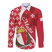 Red long-sleeve button shirt with Maltese Cross and white geometric pattern, pointed collar