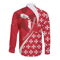Red long-sleeve button shirt with Maltese Cross emblem and starburst geometric pattern