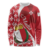 Red long-sleeve crewneck shirt with Maltese cross and white star pattern