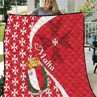 Red Malta quilt with white curved cross emblem, Maltese star burst pattern, quilted texture