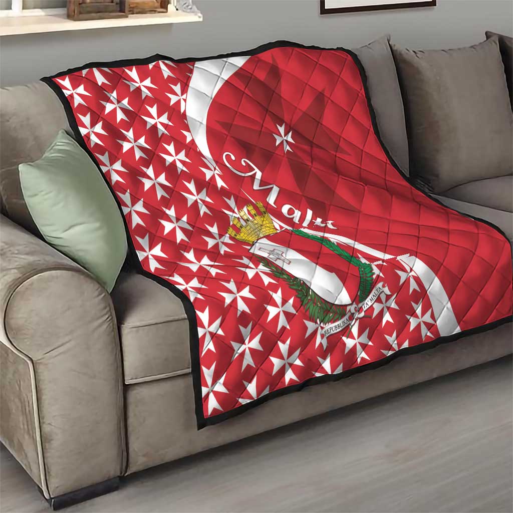 Malta quilt with red and white Maltese cross star pattern and Maltese emblem