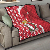 Malta quilt with red and white Maltese cross star pattern and Maltese emblem