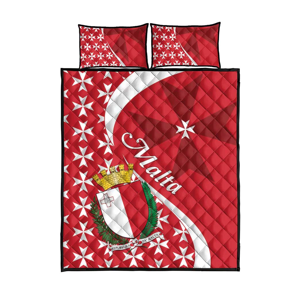 Red quilt bed set with white Maltese-cross star pattern, Malta crest on quilt