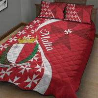 Red quilt bed set with quilted texture, white stars, and Malta crest graphic