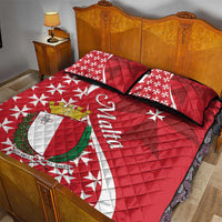 Red quilt bed set with white star trim and Malta crest, matching pillow covers