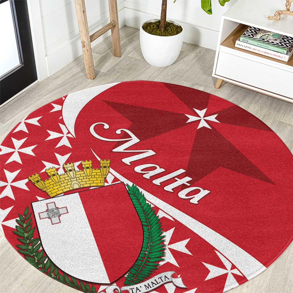 Red round carpet with Maltese cross, crest shield, stars, and 'Malta' text