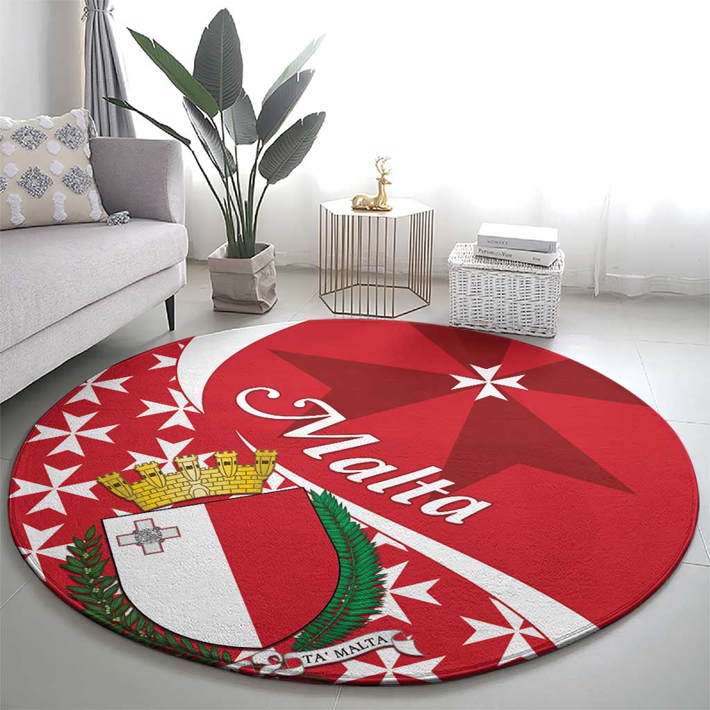 Red round carpet with Maltese cross crest, white 'Malta' lettering, and star burst