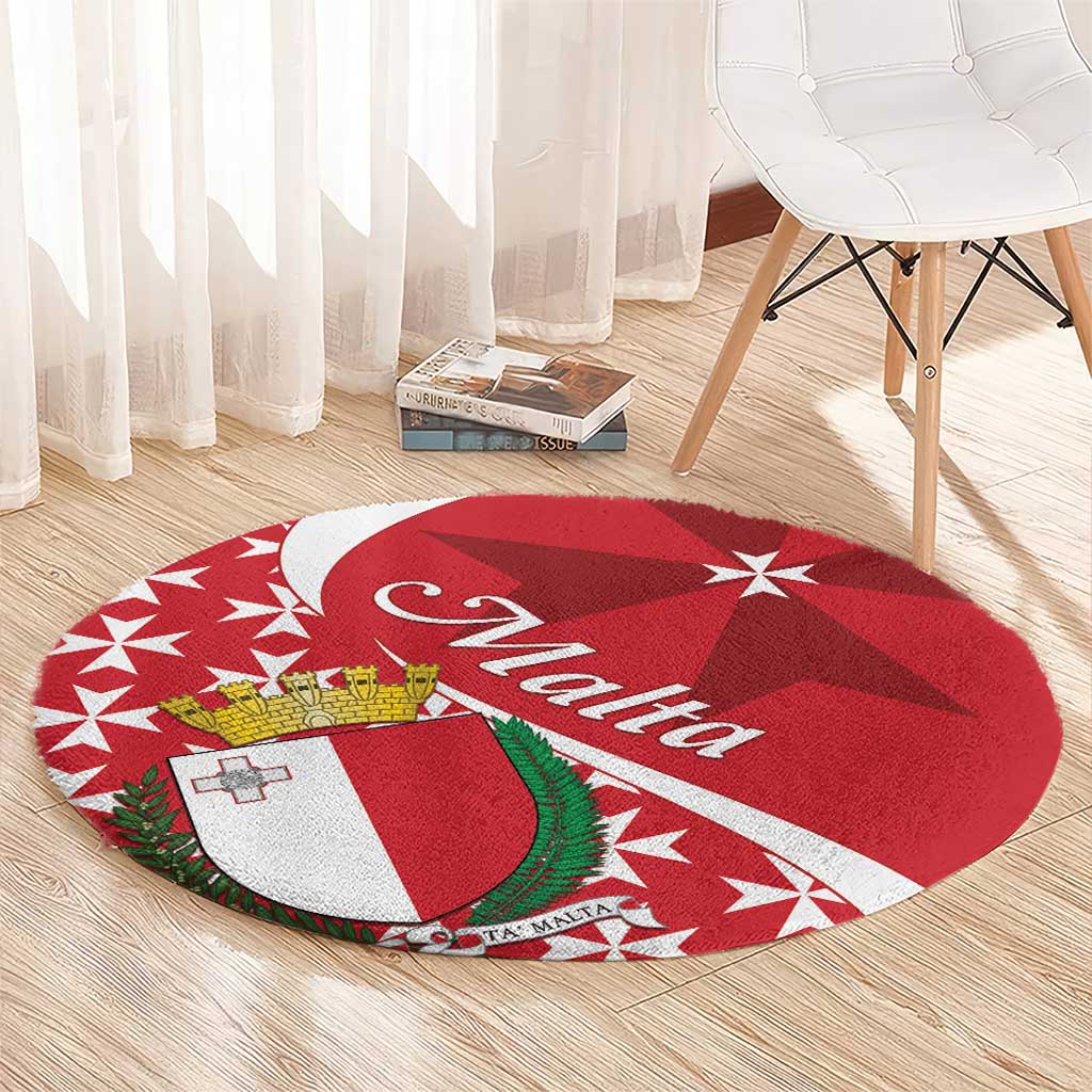 Red round carpet, Maltese cross shield with laurel wreath and diagonal 'Malta' band