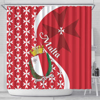 Red and white shower curtain with Maltese cross motifs, crest shield emblem, stripes