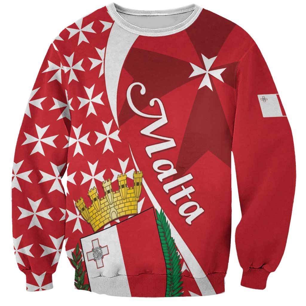 Red and white Malta sweatshirt with star pattern and Maltese cross graphic
