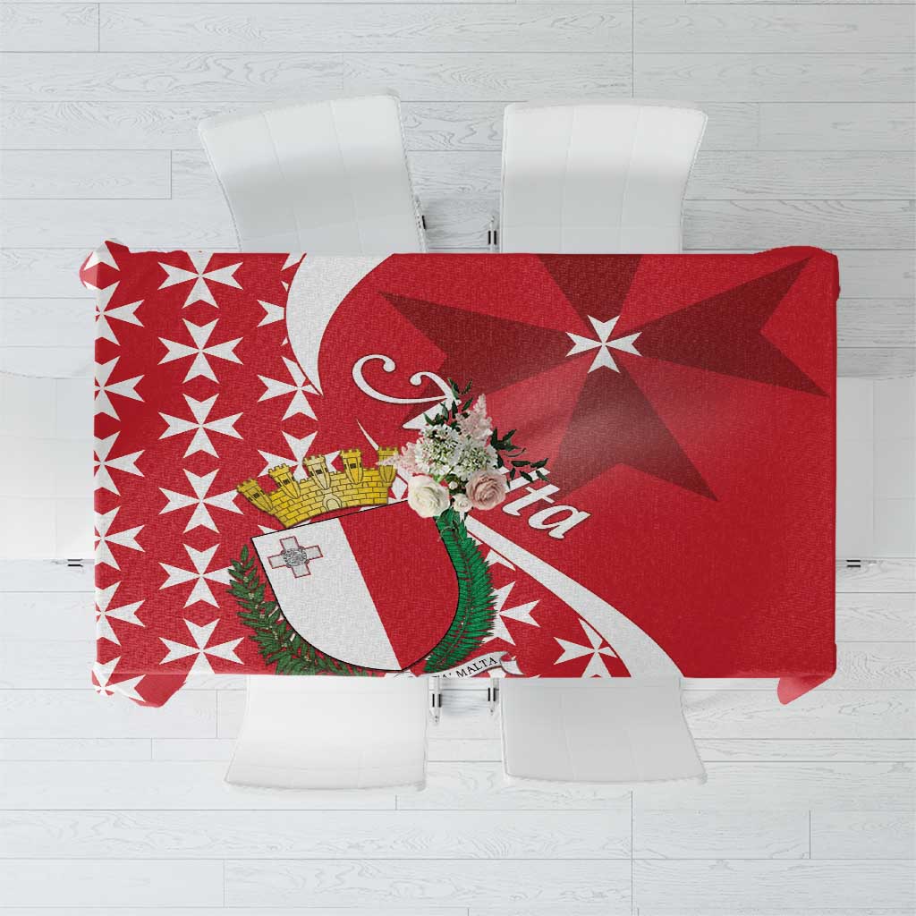 Red tablecloth flat lay with Maltese Cross crest, white star motifs and border