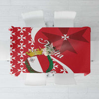 Red tablecloth flat lay with Maltese Cross crest, white star motifs and border