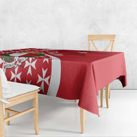Red tablecloth with Maltese Cross pattern, white border, red and white star motifs