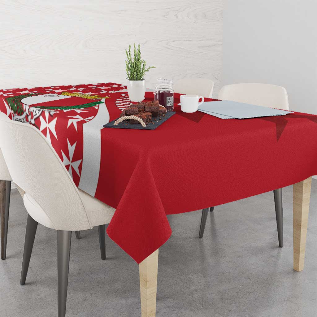 Red tablecloth with white Maltese Cross stripe and star pattern, draped over dining table