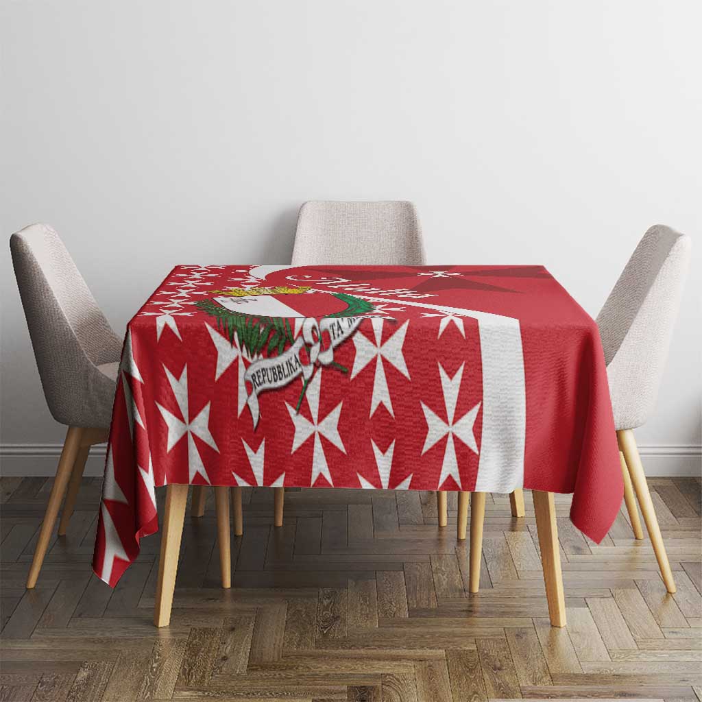 Red tablecloth with white star pattern and Maltese Cross crest, on dining table