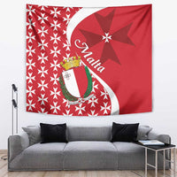 Red Malta tapestry with Maltese cross crest and starburst pattern, rectangular hanging