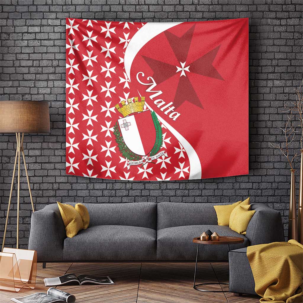 Red wall tapestry featuring Malta ribbon, Maltese cross crest, and starburst pattern