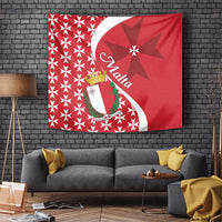 Red wall tapestry featuring Malta ribbon, Maltese cross crest, and starburst pattern