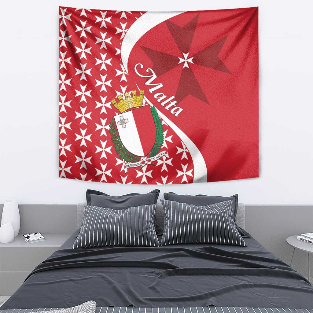 Red wall tapestry with Maltese cross and Malta crest, geometric starburst pattern