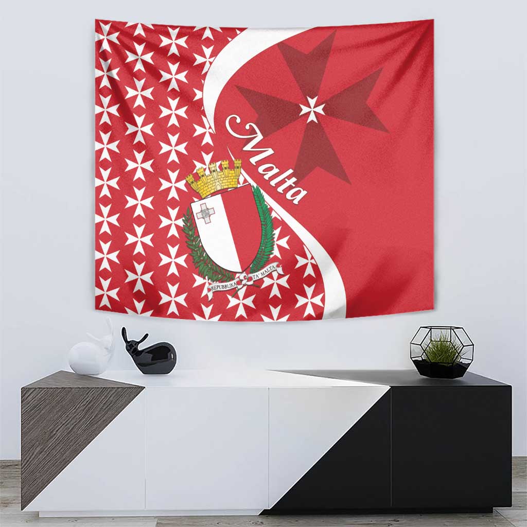 Red Malta tapestry with Maltese cross crest, starburst pattern and curved ribbon design