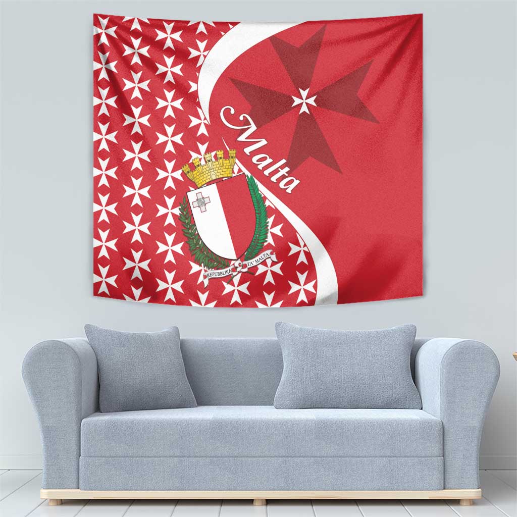 Red Malta wall tapestry with Maltese cross crest and starburst pattern, rectangular