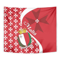 Red Malta tapestry featuring Maltese cross crest, Malta ribbon script, and starbursts