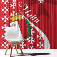 Red Maltese cross window curtains with crest panel and arched white banding.