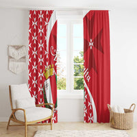Red window curtains with Maltese cross motifs and crest panel, fully gathered.