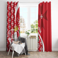 Red Maltese cross curtain set with crest emblem and starburst accents in panels.