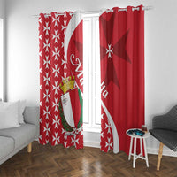 Red and white Maltese cross window curtains with crest emblem at the center.