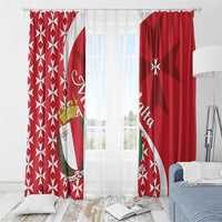 Red Maltese cross curtains with crest emblem and geometric star motifs, floor-length.