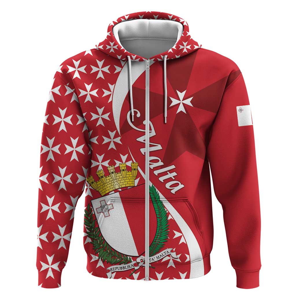 Malta Zip Hoodie Virtute et constantia Maltese Cross Pattern - Wonder Print Shop