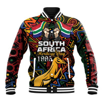 Black varsity baseball jacket with South Africa Heritage Day 1995 print and springbok