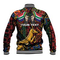 Black varsity baseball jacket back with colorful geometric print, springbok and "YOUR TEXT"