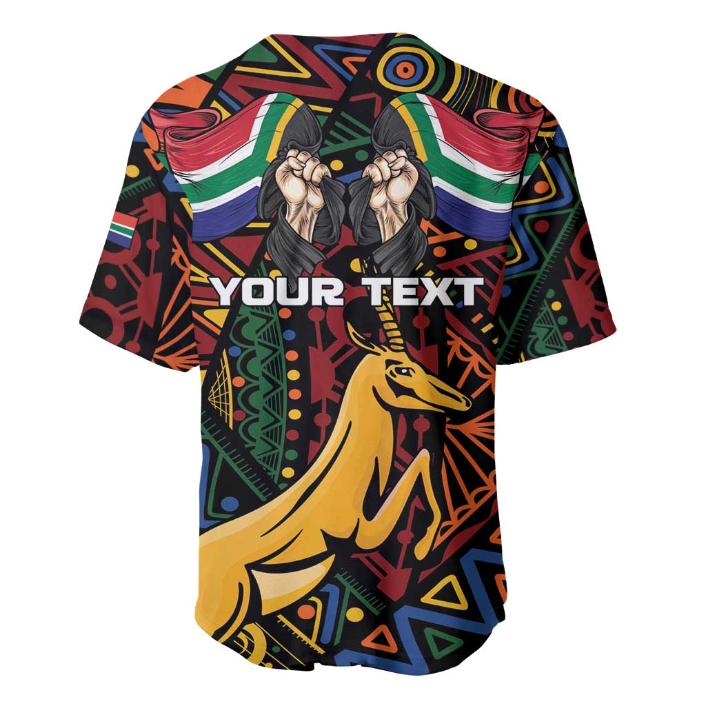 Black baseball jersey with African pattern, Springbok graphic, and bold 'YOUR TEXT' on front