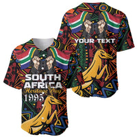 Two black baseball jerseys with African pattern, Springbok graphic, and Heritage Day 1995 text