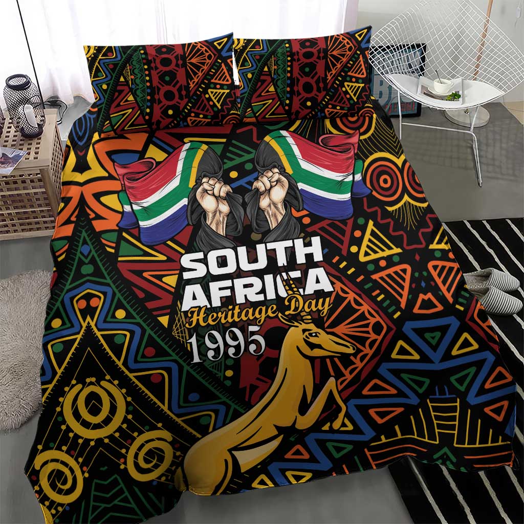 Bedding set duvet cover with geometric pattern, springbok illustration, and Heritage Day 1995 text