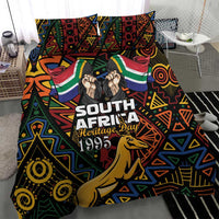 Bedding set duvet cover with geometric pattern, springbok illustration, and Heritage Day 1995 text