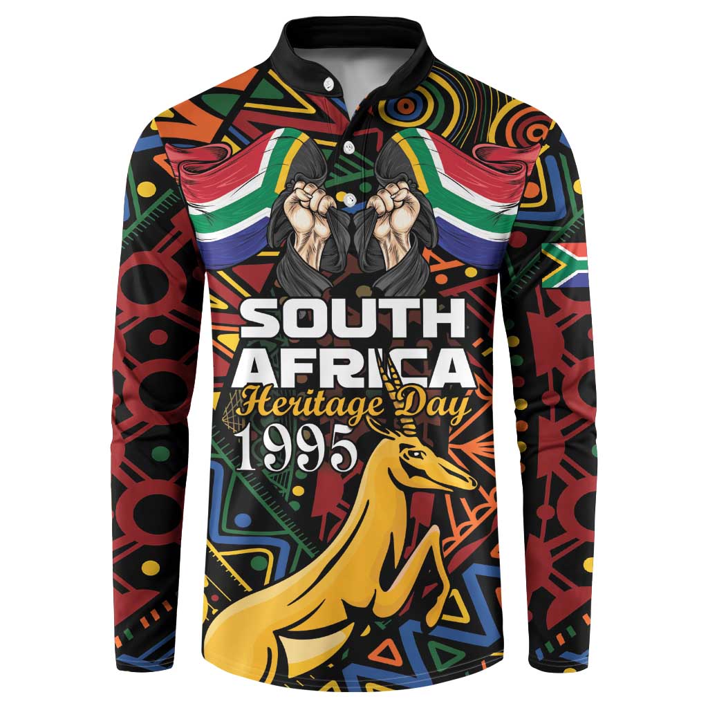 Black button sweatshirt with South Africa Heritage Day 1995 and springbok emblem